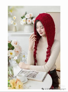 Red and Grey Crochet Hooded Hat with Tassels Pattern Chart
