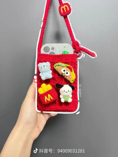 Red Crochet Fast Food Phone Bag with Taco, Fries and Cute Characters