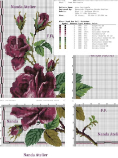 Rosa Beringela Cross Stitch Pattern by Nanda Atelier - Detailed Floral Design with Color Chart and Grid Instructions