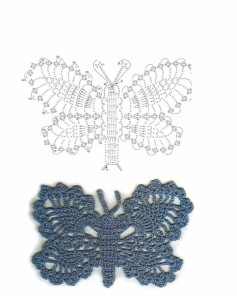 Schematic diagrams and finished examples of various decorative crochet butterflies