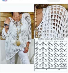 Sơ đồ móc len áo dài tay màu trắng họa tiết mắt lưới và quạt, kèm hình mẫu thực tế