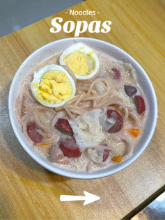 Sopas: Creamy Filipino Noodle Soup with Chicken, Liver, Sausage, and Hard-Boiled Eggs