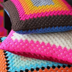 Stitch diagram and colorful examples of Granny Square crochet pattern with detailed flat chart instructions