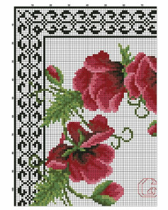 Sulhan Red Roses Cross Stitch Chart with Traditional Black and White Border Pattern