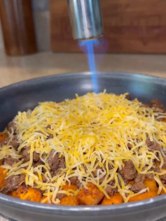 Sweet Potato Burger Bowl with Ground Beef and Melted Cheese