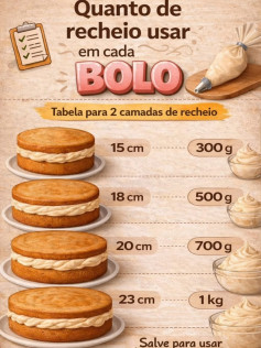 Tabela de recheio para bolos: Quantidade ideal (300g a 1kg) theo kích thước khuôn