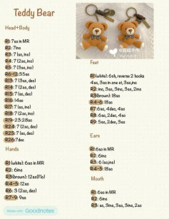 Teddy Bear Crochet Pattern Chart: Head, Body, Ears & Accessories