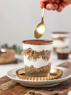 Tiramisu Overnight Oats with Chia Seeds, Yogurt, and Espresso