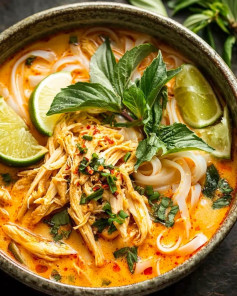 Tô Súp Mì Gà Cà Ri Đỏ Thái Lan Thơm Ngon Với Rau Mùi Và Chanh Tươi