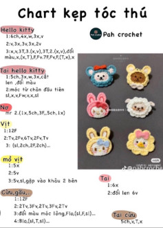 Tổng hợp chart móc len kẹp tóc Hello Kitty, quả bơ, hoa hướng dương và các mẫu thú đáng yêu