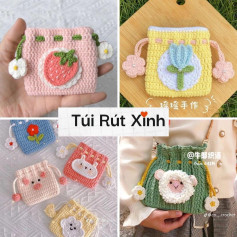 Tổng hợp chart móc len túi rút dây thừng cute với hình hoa, cừu, lợn và thỏ