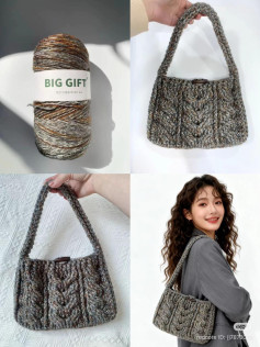 Trendy Grey Brown Cable Knit Crochet Bag Pattern