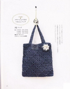 Túi tote móc len màu xanh đậm đính hoa và bảng hướng dẫn chi tiết