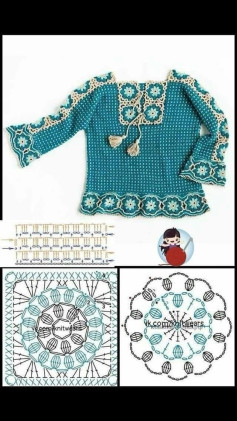Turquoise Crochet Top with Floral Motif and Detailed Stitch Charts