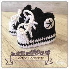 Tutorial crochet baby sneakers black and white high top shoes pattern