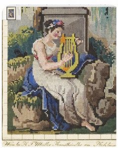 Vintage Cross Stitch Chart: Lady Playing Harp by Fountain with Monogram R