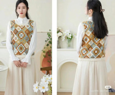 Vintage Granny Square Crochet Vest Pattern: Multi-color Brown and Blue Design with Detailed Chart and Border Instructions