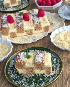 White Cake (Recipe) - Checkerboard Layered Dessert with Raspberries and Coconut Flakes