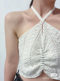White Crochet Halter Top with Ruched Front and Cross Back Straps Pattern Chart