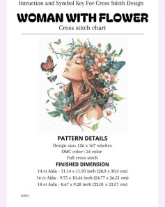 Woman with Flower Cross Stitch Chart Pattern, Floral Portrait Design with Butterflies, Full Count Symbol Key and Grid Instructions