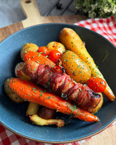 Air Fryer Hot Honey Sausage & Bacon Traybake with Potatoes and Tomatoes