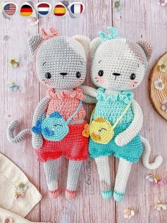 Amigurumi Cat Kora: Free Crochet Pattern for Cute Gray and White Dolls with Colorful Outfits