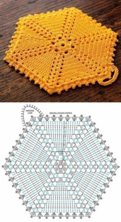 Bright crocheted potholders: yellow hexagon, floral round, and red-green diamond patterns with charts