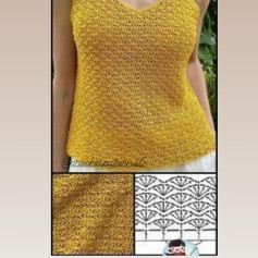 Collection of Crochet Top Patterns with Charts: Yellow Fan Stitch, White Lace, and Purple Shell Designs
