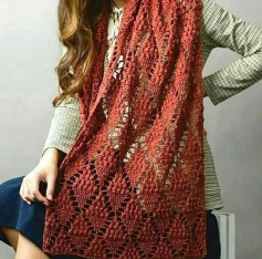 Crochet Lace Scarf Pattern Chart: Rust Red Openwork Design with Detailed Stitch Diagram