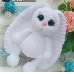 Cute White Crochet Bunny Amigurumi Doll with Big Blue Eyes and Pink Nose