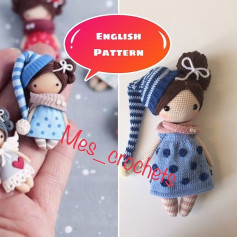 English Pattern for Crocheted Girl Doll with Blue Polka Dot Dress and Striped Hat by Mes Crochet