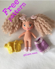 Free Amigurumi Pattern for Cute Blonde Doll with Yellow Jacket and Purple Dress by Gülşen Esen