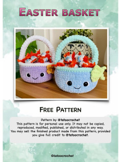Free Crochet Easter Basket Pattern with Cute Face, Chenille Yarn, Handle and Bow Tutorial