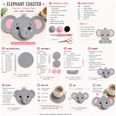 Free Crochet Elephant Coaster Pattern with Big Ears - Cute Gray and Pink DIY Tutorial
