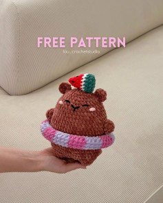 Free Crochet Pattern: Chubby Summer Capybara with Watermelon Slice and Swim Ring Amigurumi