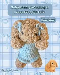 Free Crochet Pattern: Cute Baby Bunny Wearing a Blue Dress with Faux Fur Yarn