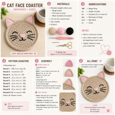 Free Crochet Pattern: Cute Cat Face Coaster with Whiskers and Ears