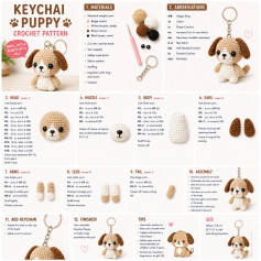 Free Crochet Pattern for Cute Beige and Brown Puppy Keychain Amigurumi with Step-by-Step Instructions