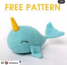 Free Crochet Pattern for Cute Blue Narwhal Amigurumi with Yellow Horn