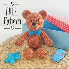 Free Crochet Pattern for Cute Brown Teddy Bear with Blue Bow Tie