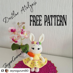 Free Crochet Pattern for Cute Bunny Amigurumi in Yellow Dress with Flower Crown and Carrot