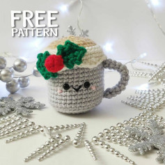 Free Crochet Pattern for Cute Christmas Hot Cocoa Mug Amigurumi with Holly Leaves and Berry