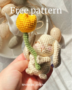 Free Crochet Pattern for Cute Cream Bunny with Yellow Tulip Flower - Amigurumi Tutorial