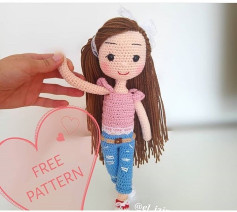 Free Crochet Pattern for Cute Girl Amigurumi Doll with Jeans and Pink Top