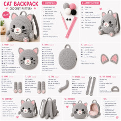 Free Crochet Pattern for Cute Gray Cat Backpack Amigurumi with Pink Accents