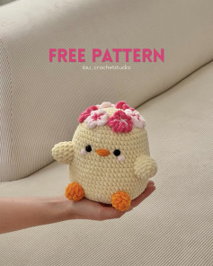 Free Crochet Pattern for Cute Round Chick with Pink Flower Crown Amigurumi Doll