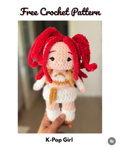 Free Crochet Pattern for Mira K-Pop Girl Amigurumi Doll with Red Hair and White Outfit