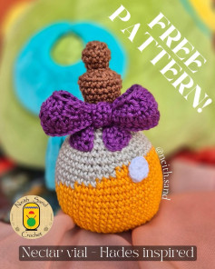 Free Crochet Pattern: Hades Inspired Nectar Vial with Purple Bow and Orange Body