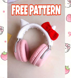 Free Crochet Pattern: Hello Kitty Inspired Headband Cover with Cat Ears and Red Bow