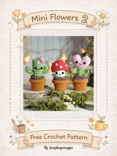Free Crochet Pattern Mini Flowers 2: Cactus, Mushroom & Heart Flower Amigurumi
